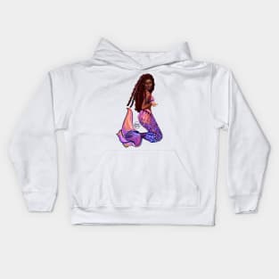 mermaid with flowing red locs #2,   Afro hair and caramel brown skin. Black mermaid Kids Hoodie